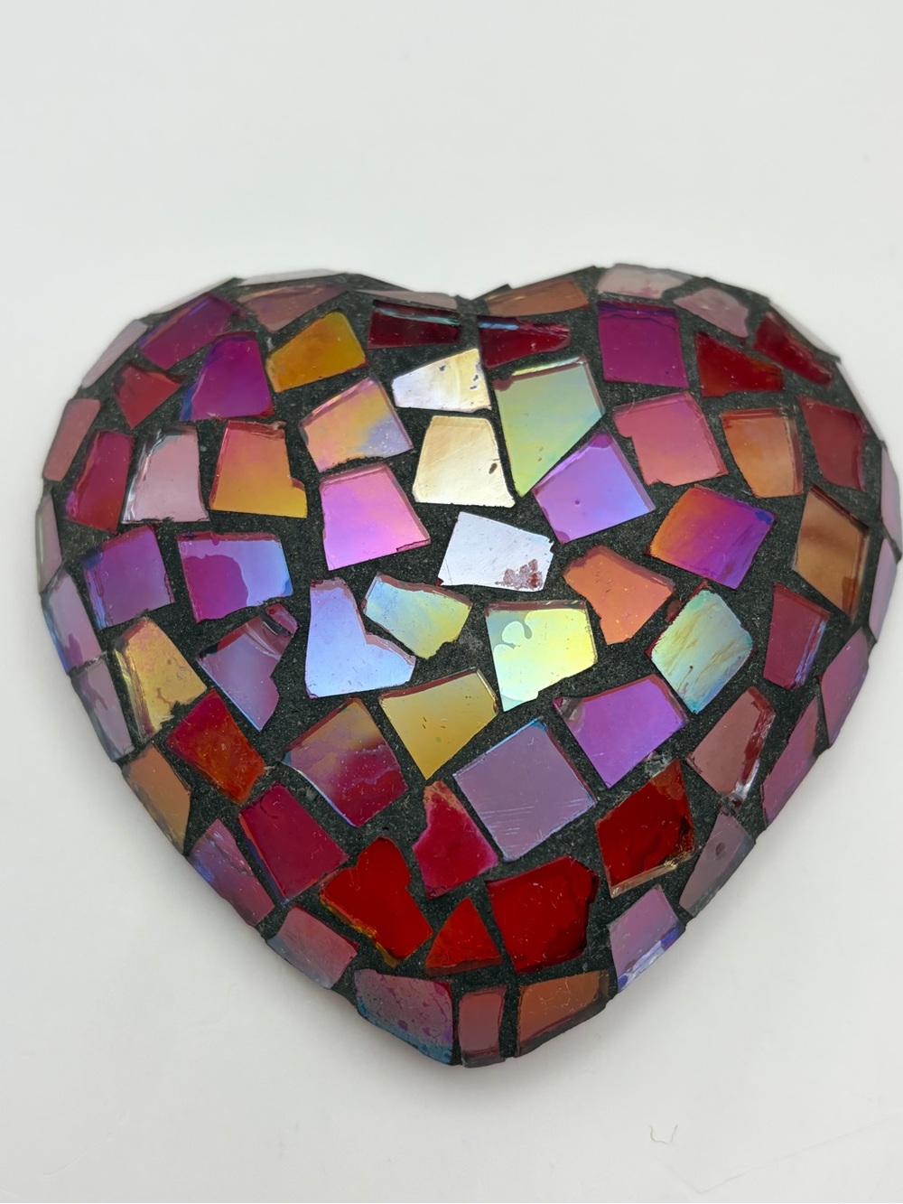 Vintage Mosaic Stained Glass Style Art on Heart Paperweight Unique